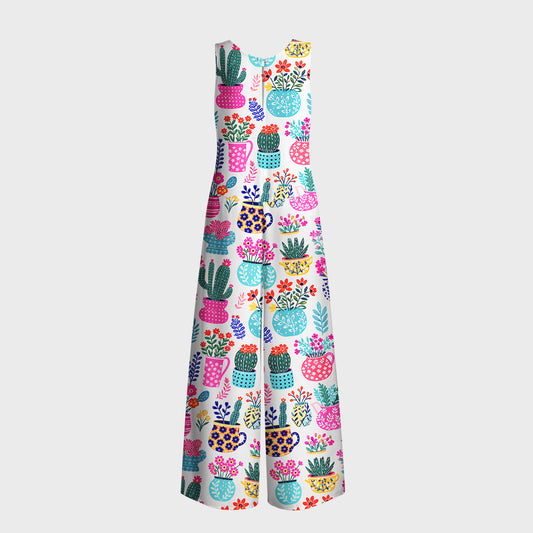 Cactus and Flowers Print Boho Jumpsuit with Pockets for Women