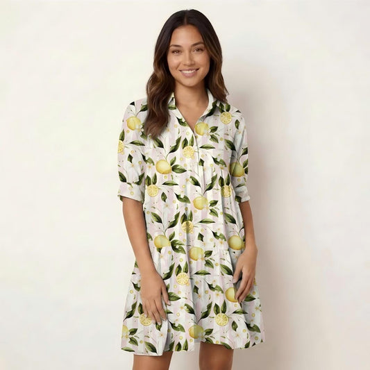 V Neck Collared Lemon Grove Sunshine Print Mini Dress For Women With Pockets