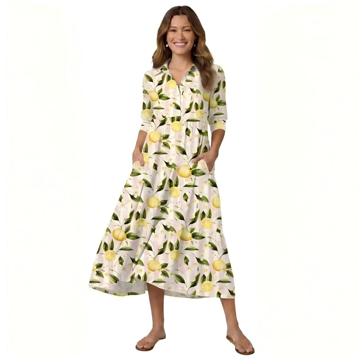 V Neck Collared Lemon Grove Sunshine Print Casual Midi Dress With Pockets