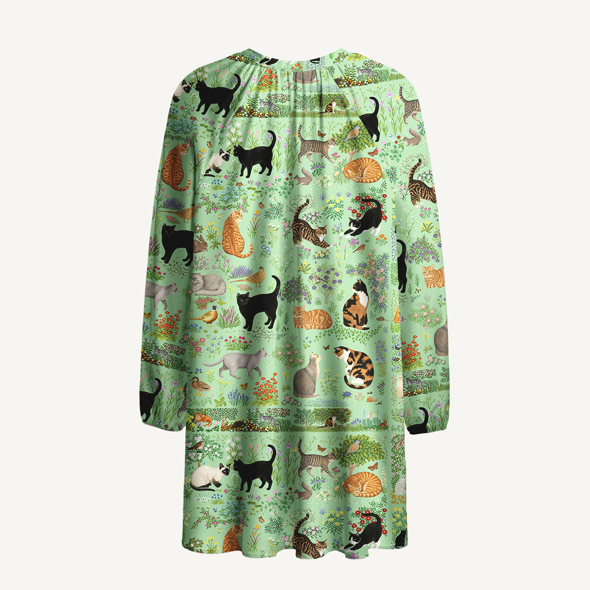 Botanical Cat Garden Print Boho Tie‑Neck Smock Mini Dress