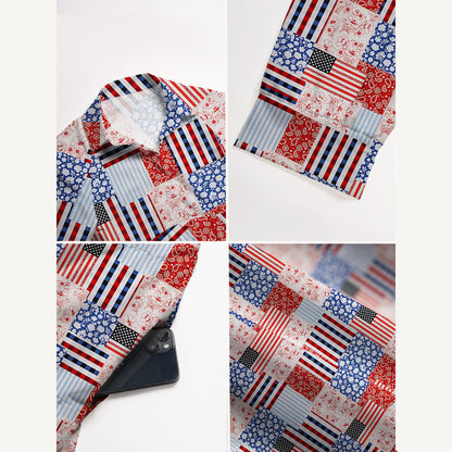 Patriotic Patchwork Quilt Print Casual Midi Dress With Pockets
