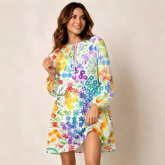 Fun Rainbow Print Boho Tie‑Neck Smock Mini Dress