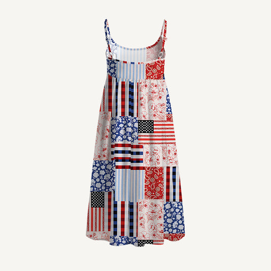 Patriotic Patchwork Quilt Print Spaghetti Strap Mini Dress
