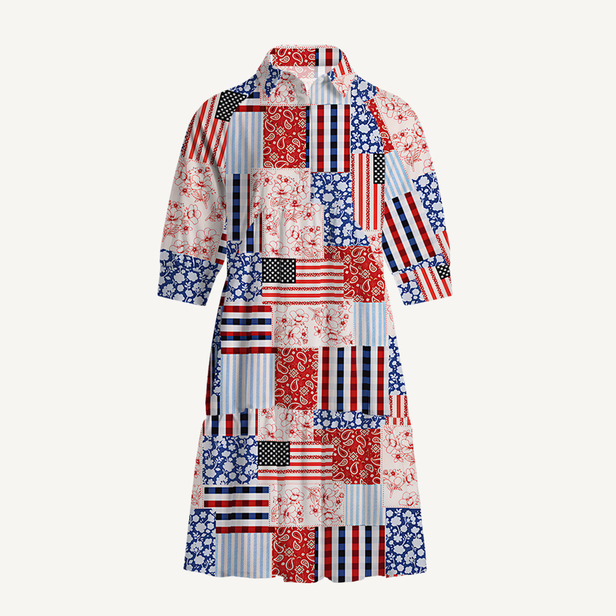 V Neck Collared Patriotic Patchwork Quilt Mini Dress For Women With Pockets