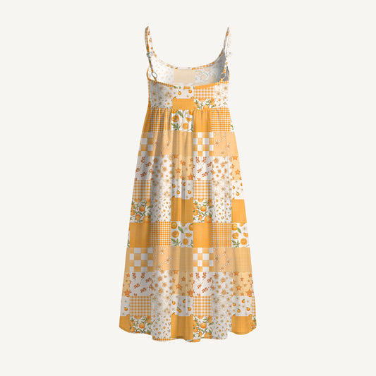 Lemon Sunshine Patchwork Print Spaghetti Strap Mini Dress