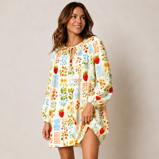 Strawberry Garden Patchwork Print Boho Long Sleeve Tie‑Neck Smock Mini Dress