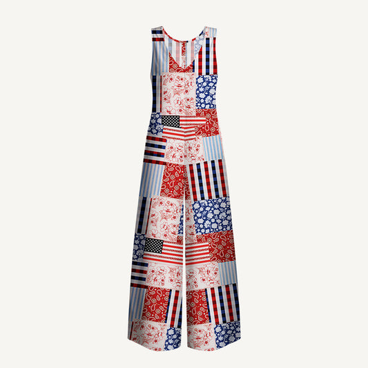 Patriotic Patchwork Quilt Print Jumpsuit with Pockets for Women