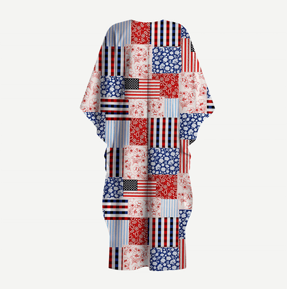 Patriotic Patchwork Quilt Kimono Sleeve Kaftan Dress