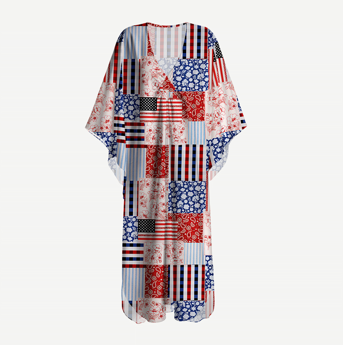 Patriotic Patchwork Quilt Kimono Sleeve Kaftan Dress