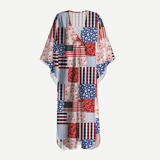Patriotic Patchwork Quilt Kimono Sleeve Kaftan Dress