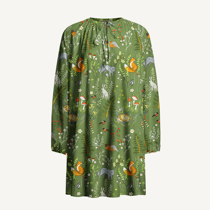 Whimsical Woodland Animals Print Boho Tie‑Neck Smock Mini Dress