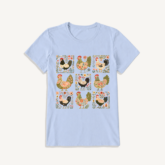 Folk Hen Grid Print Crew Neck Cotton Tee