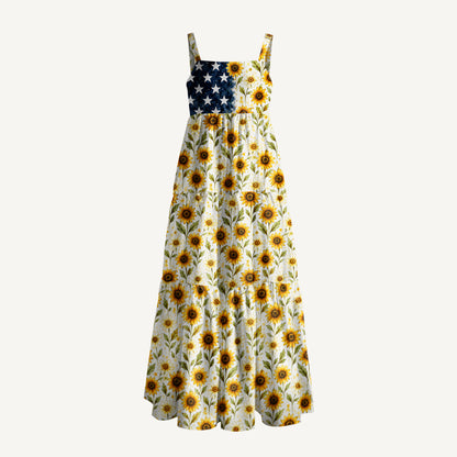 Sunflower American Flag Print Wide Straps Maxi Dress With Pockets