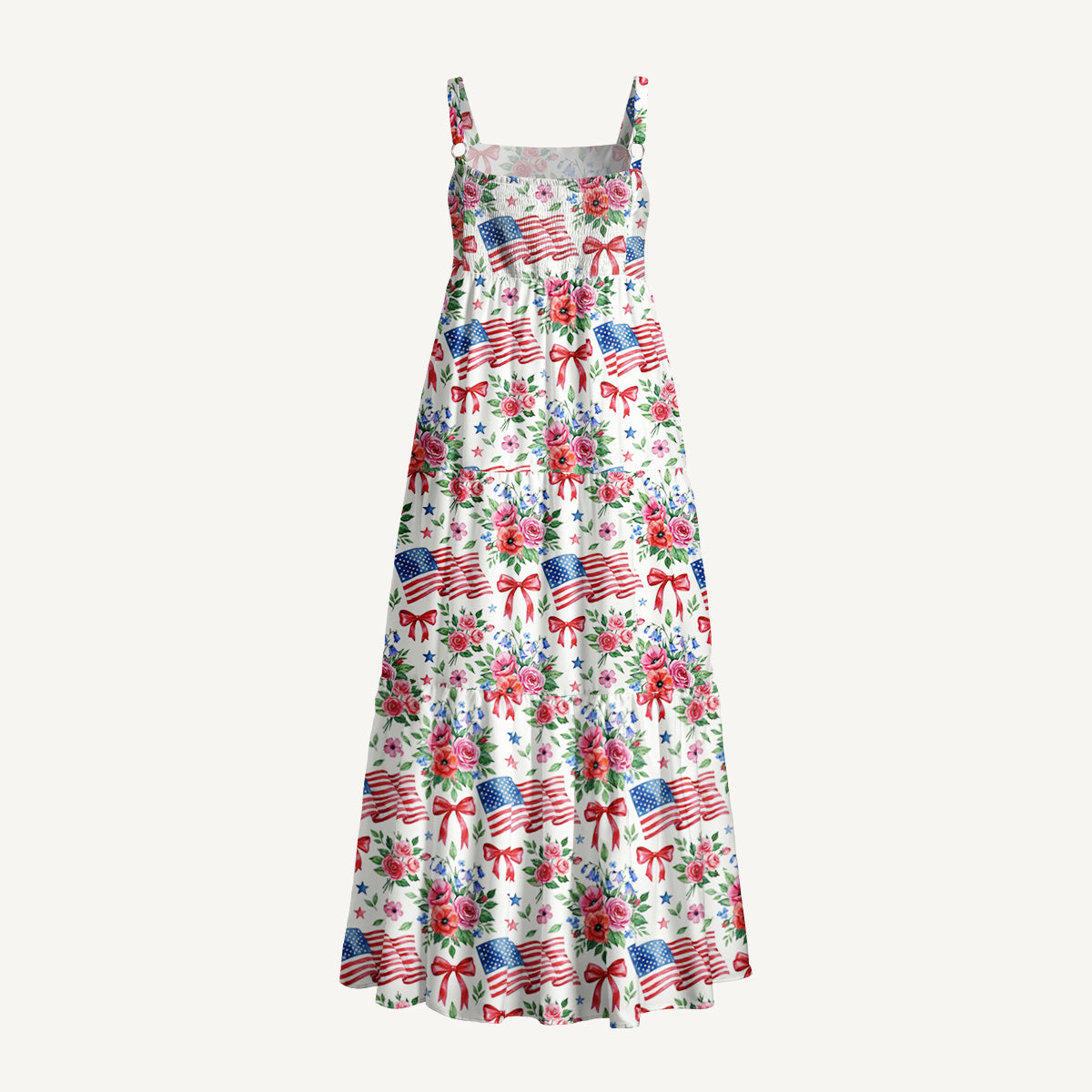 Patriotic Floral Bows Print Wide Straps Maxi Dress With Pockets