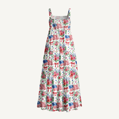 Patriotic Floral Bows Print Wide Straps Maxi Dress With Pockets