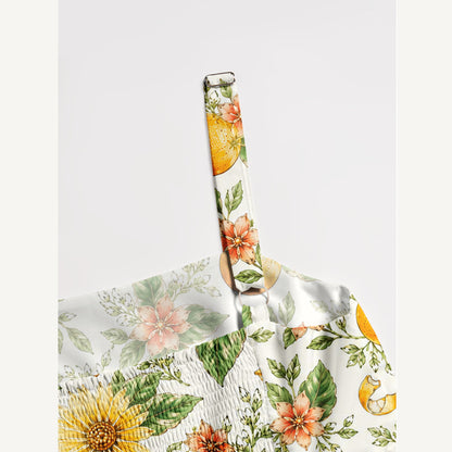 Vintage Orange Floral Pattern Print Wide Straps Maxi Dress With Pockets