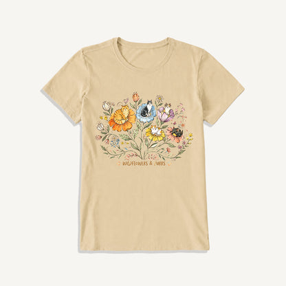 Wildflowers And Purrs Bloom Print Crew Neck Cotton Tee