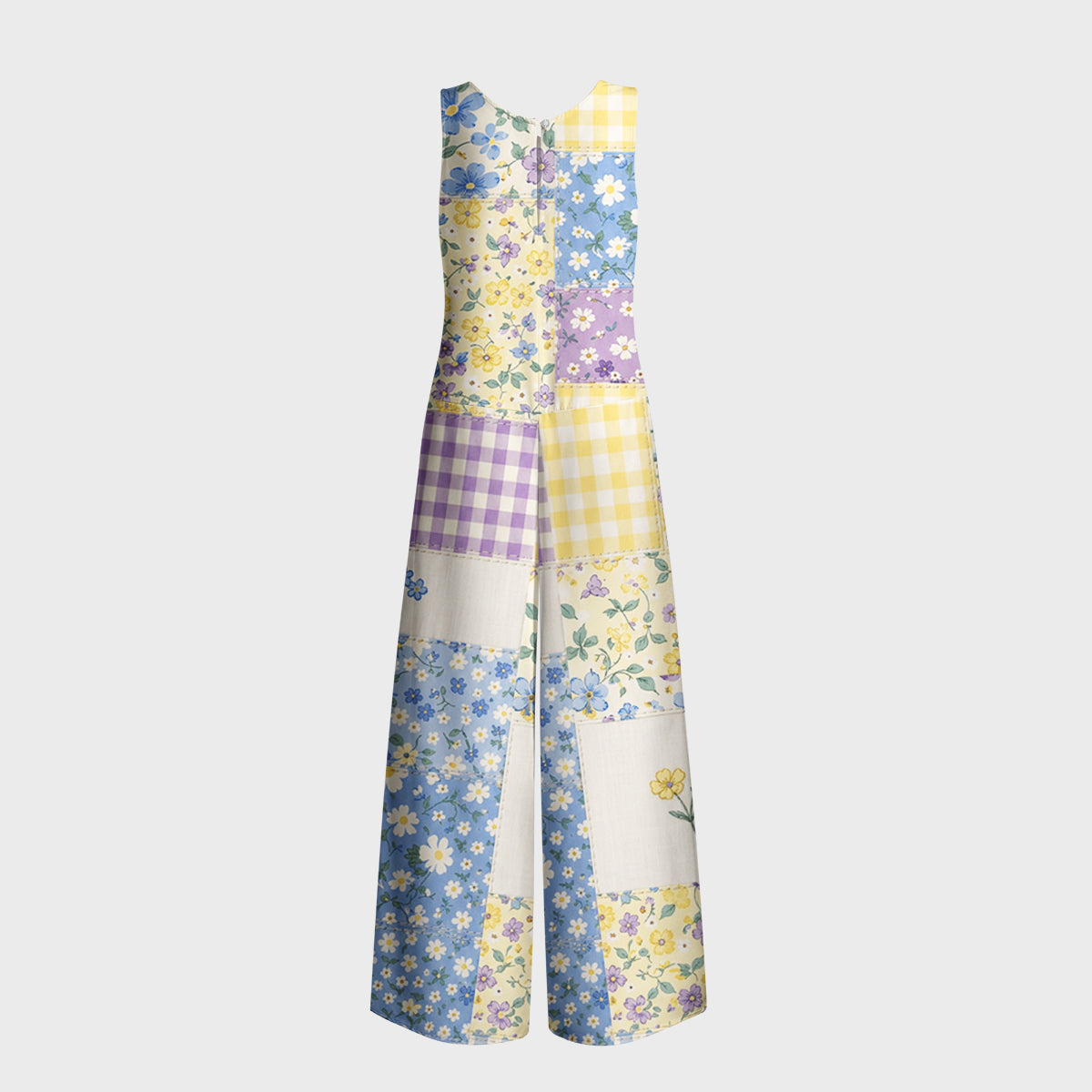Floral Meadow Patchwork Print Boho Jumpsuit with Pockets for Women