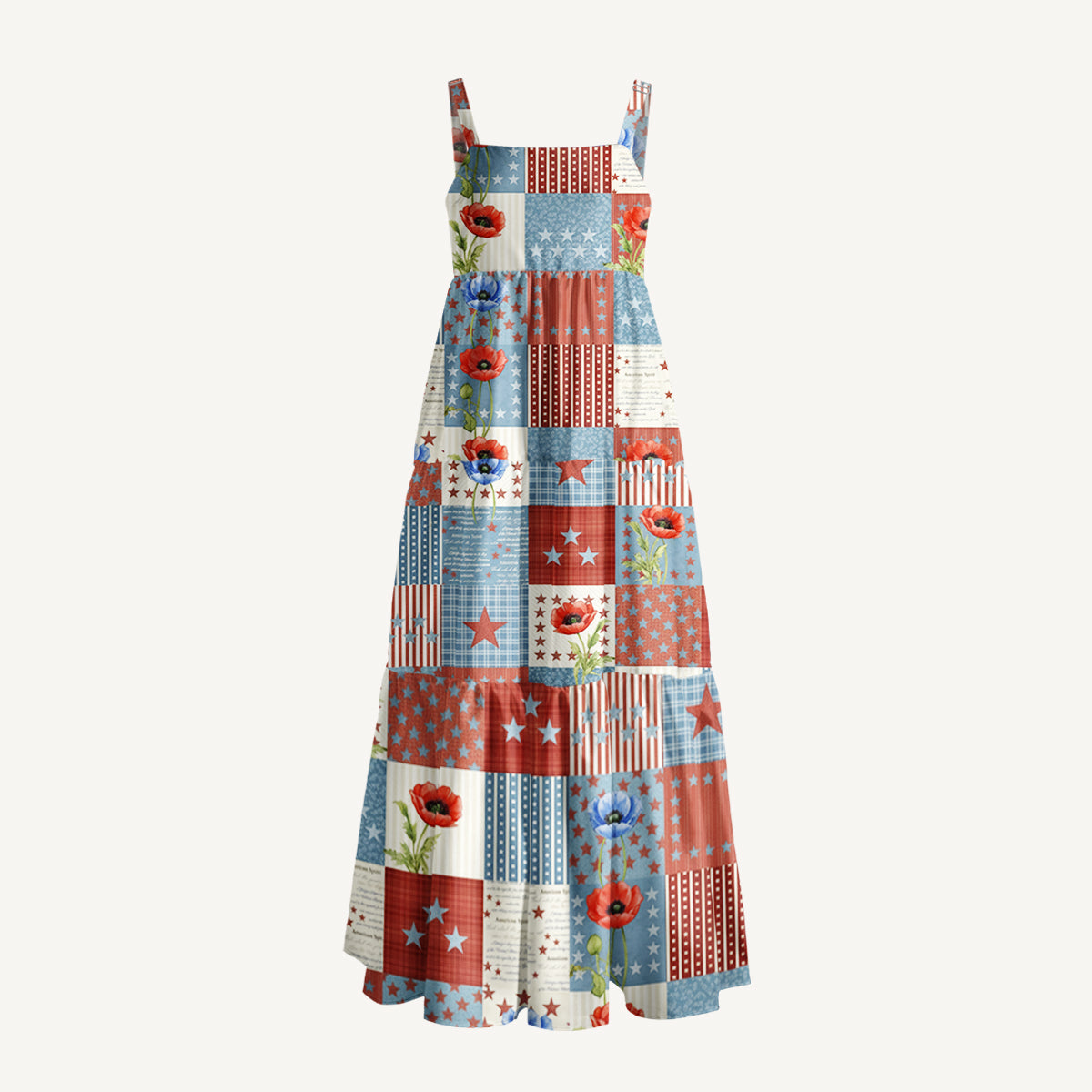 Vintage Patriotic Patchwork Print Quilt Wide Straps Maxi Dress With Pockets