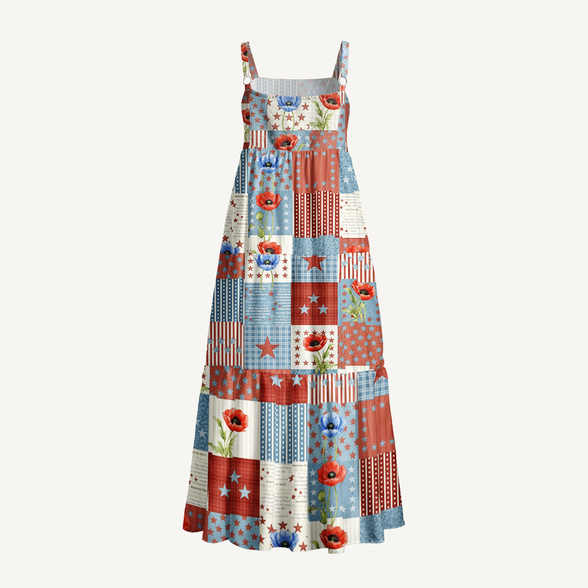 Vintage Patriotic Patchwork Print Quilt Wide Straps Maxi Dress With Pockets