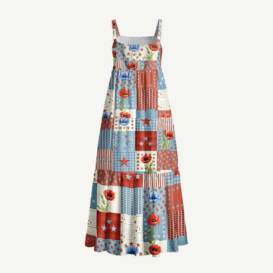 Vintage Patriotic Patchwork Print Quilt Wide Straps Maxi Dress With Pockets