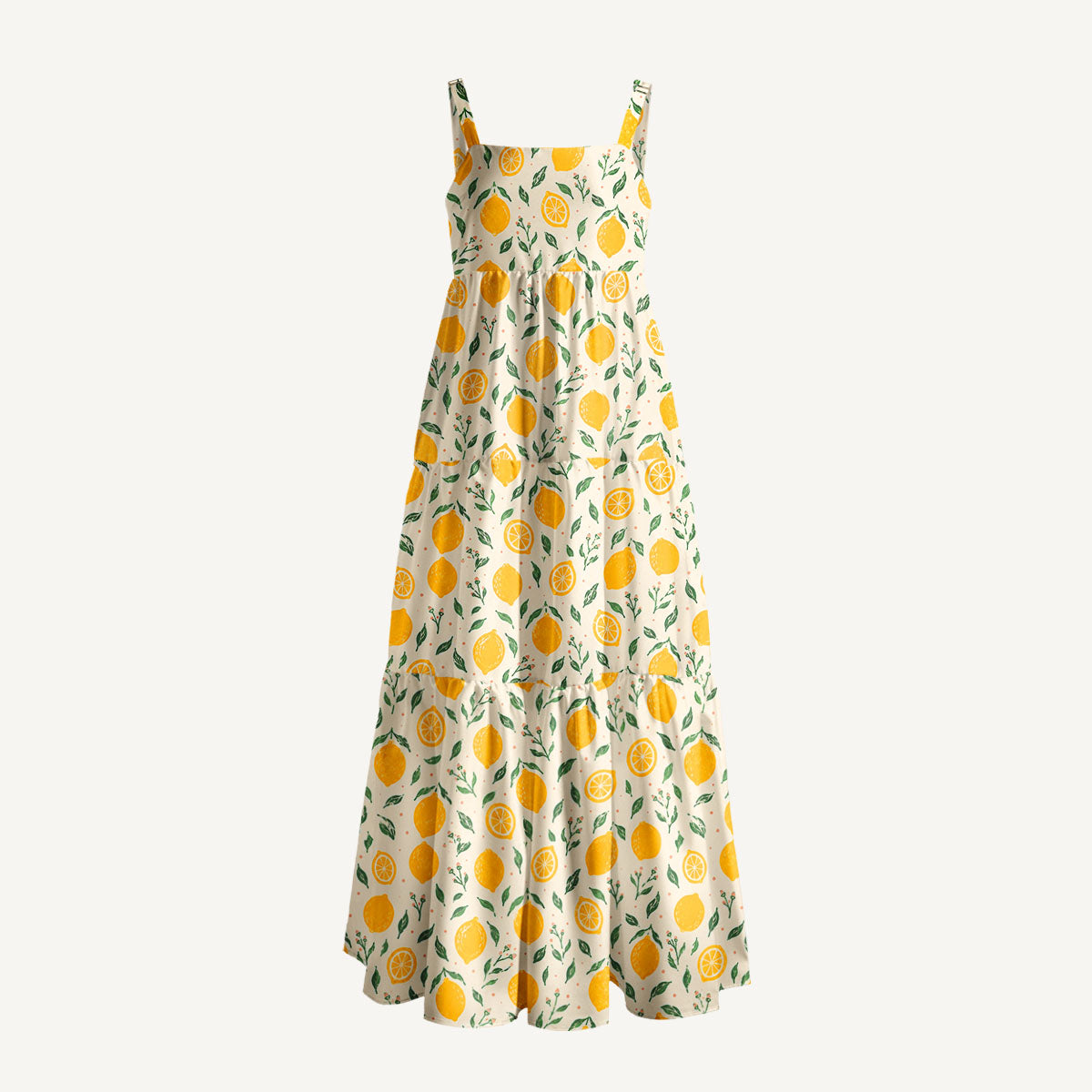 Vintage Lemon Orchard Print Wide Straps Maxi Dress With Pockets