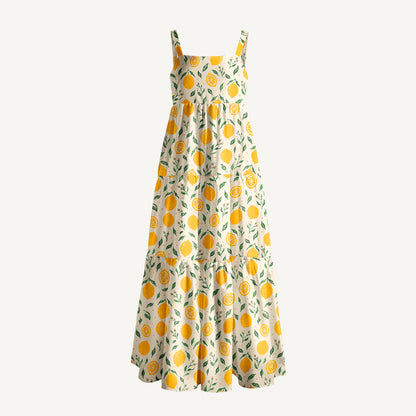 Vintage Lemon Orchard Print Wide Straps Maxi Dress With Pockets