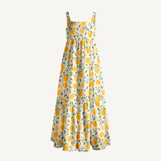 Vintage Lemon Orchard Print Wide Straps Maxi Dress With Pockets