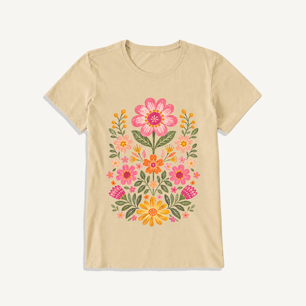 Retro Folk Garden Bloom Print Crew Neck Cotton Tee