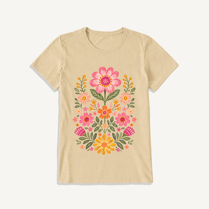 Retro Folk Garden Bloom Print Crew Neck Cotton Tee