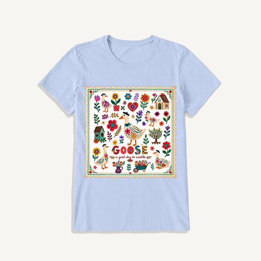 Floral Goose Garden Print Crew Neck Cotton Tee
