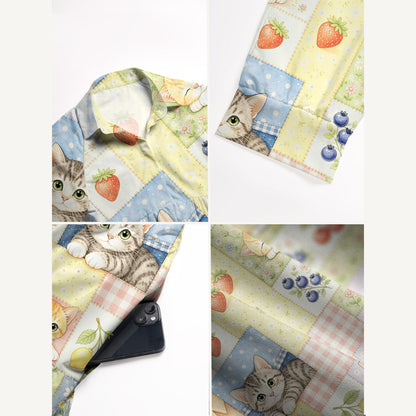 V Neck Collared Vintage Patchwork Kitty Print Casual Midi Dress With Pockets