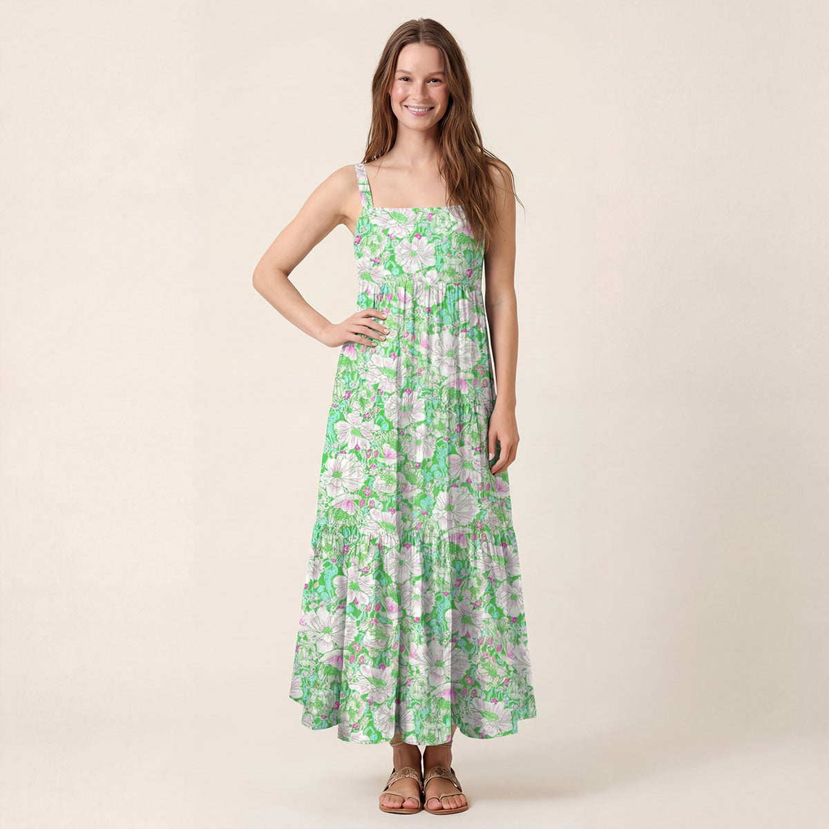 Square Neck Mint Garden Print Wide Straps Maxi Dress With Pockets