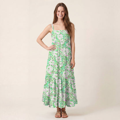 Square Neck Mint Garden Print Wide Straps Maxi Dress With Pockets