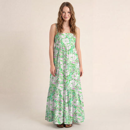 Square Neck Mint Garden Print Wide Straps Maxi Dress With Pockets