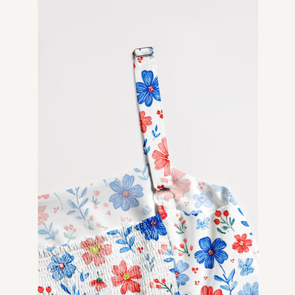 Patriotic 4th of July Flowers Print Wide Straps Maxi Dress With Pockets