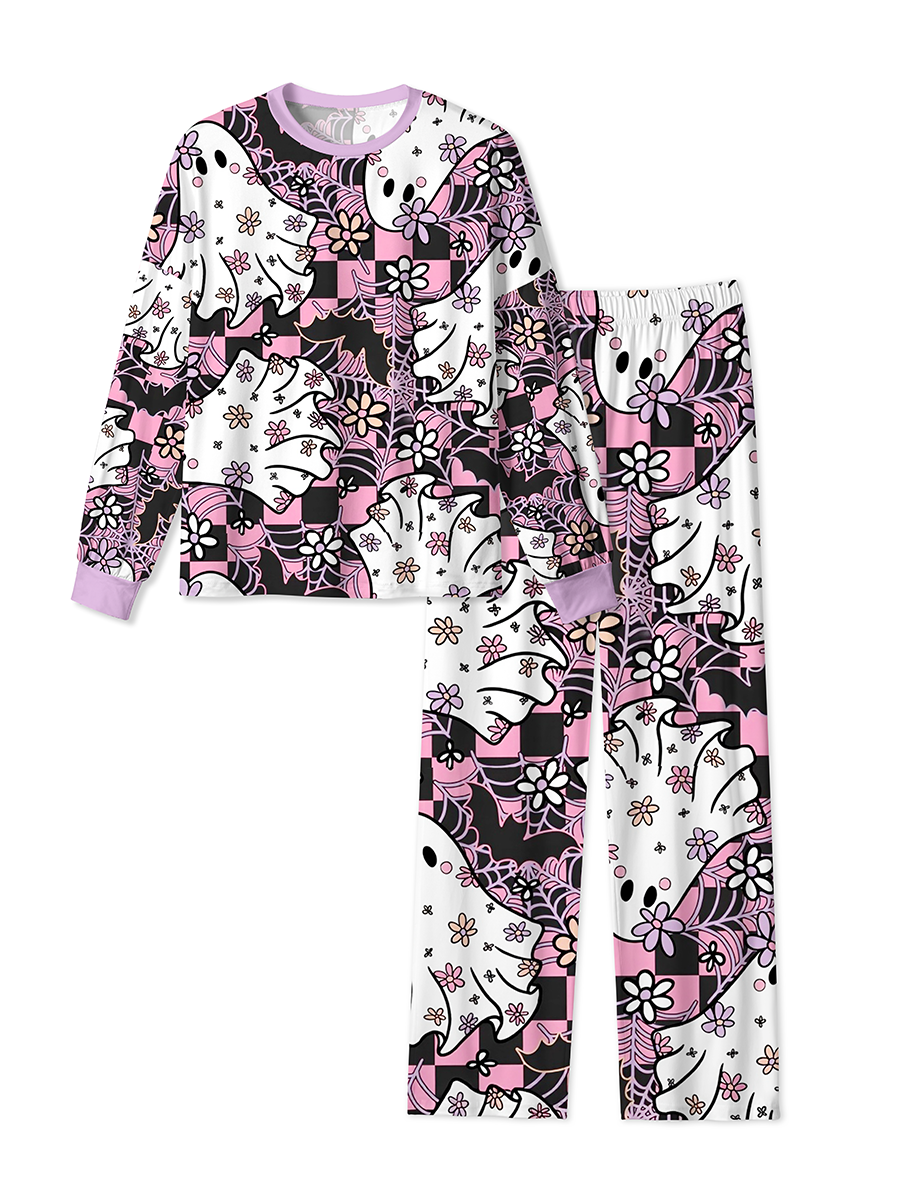 Vintage Floral Ghost Pink-Black Checkerboard Halloween Mixed Pajamas