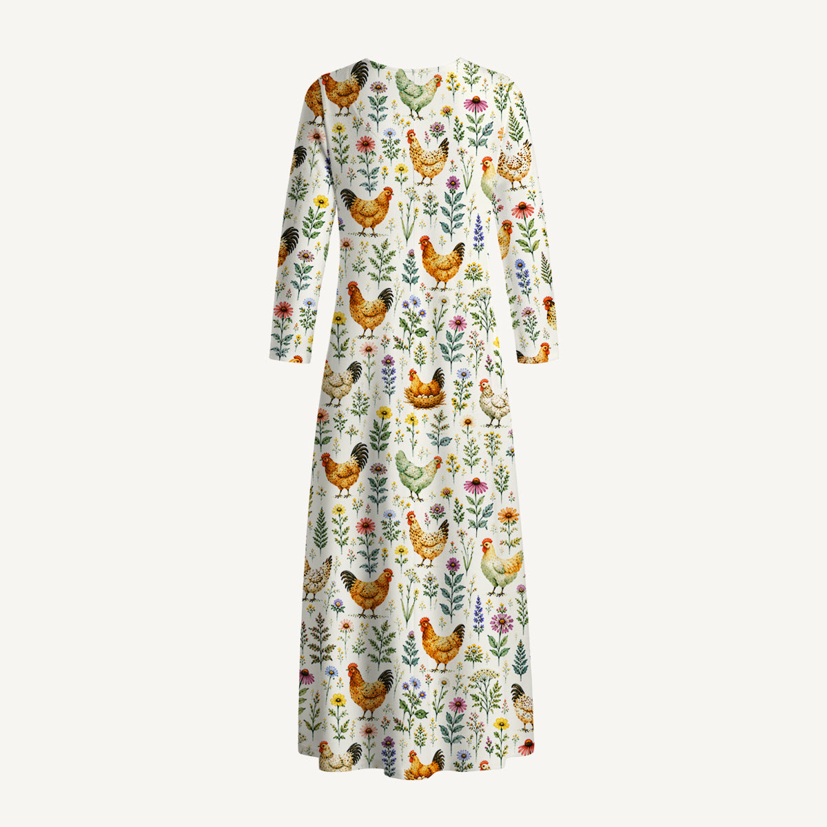 Watercolor Chickens Leaves Print Soft-Touch Stretch Knit Long Sleeve Maxi Dress with Pockets