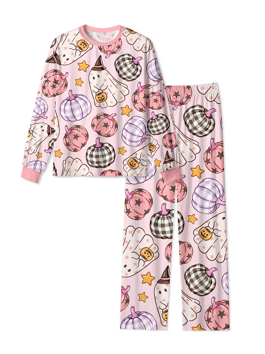 Vintage Cute Pink Ghost Pumpkin Plaid Halloween Mixed Pajamas