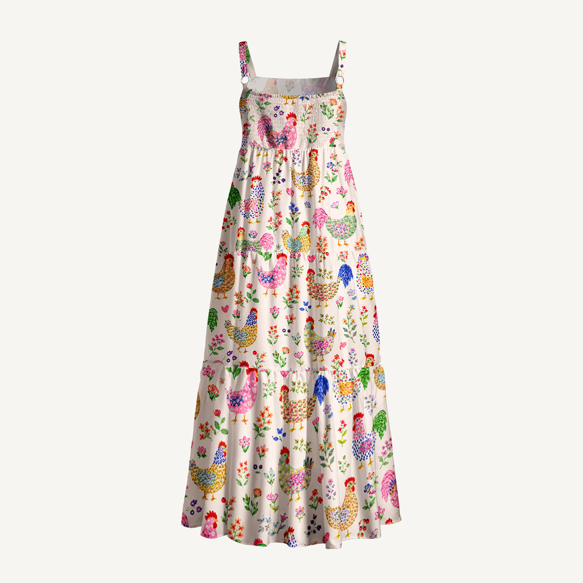 Colorful Farm Chickens Print Wide Straps Maxi Dress With Pockets