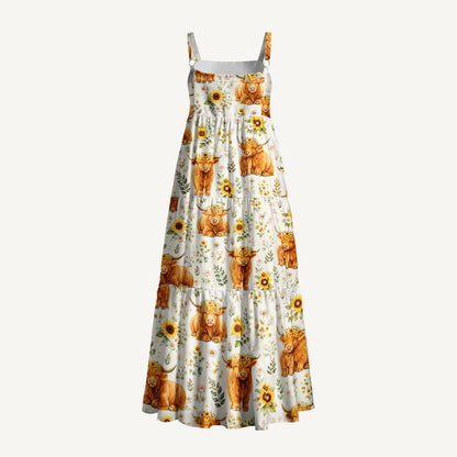 Spring Highland Cow Floral Print Wide Straps Maxi Dress With Pockets