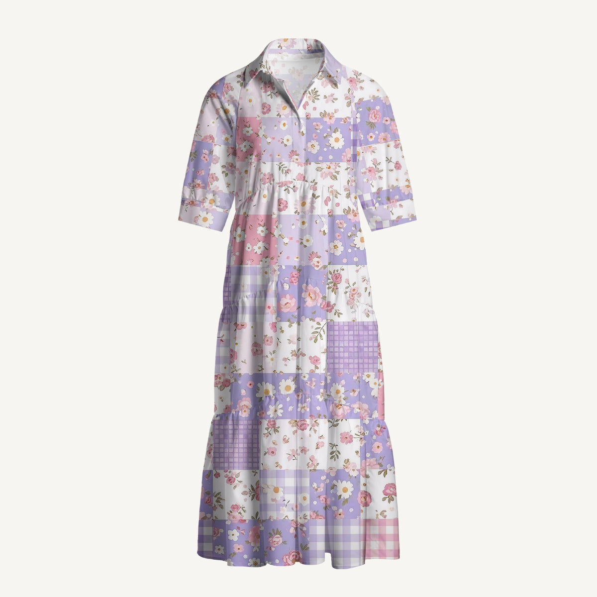V Neck Collared Sweet Cottage Patchwork Print Casual Midi Dress With Pockets