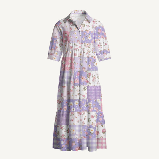 V Neck Collared Sweet Cottage Patchwork Print Casual Midi Dress With Pockets