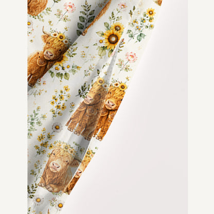 Spring Highland Cow Floral Print Wide Straps Maxi Dress With Pockets