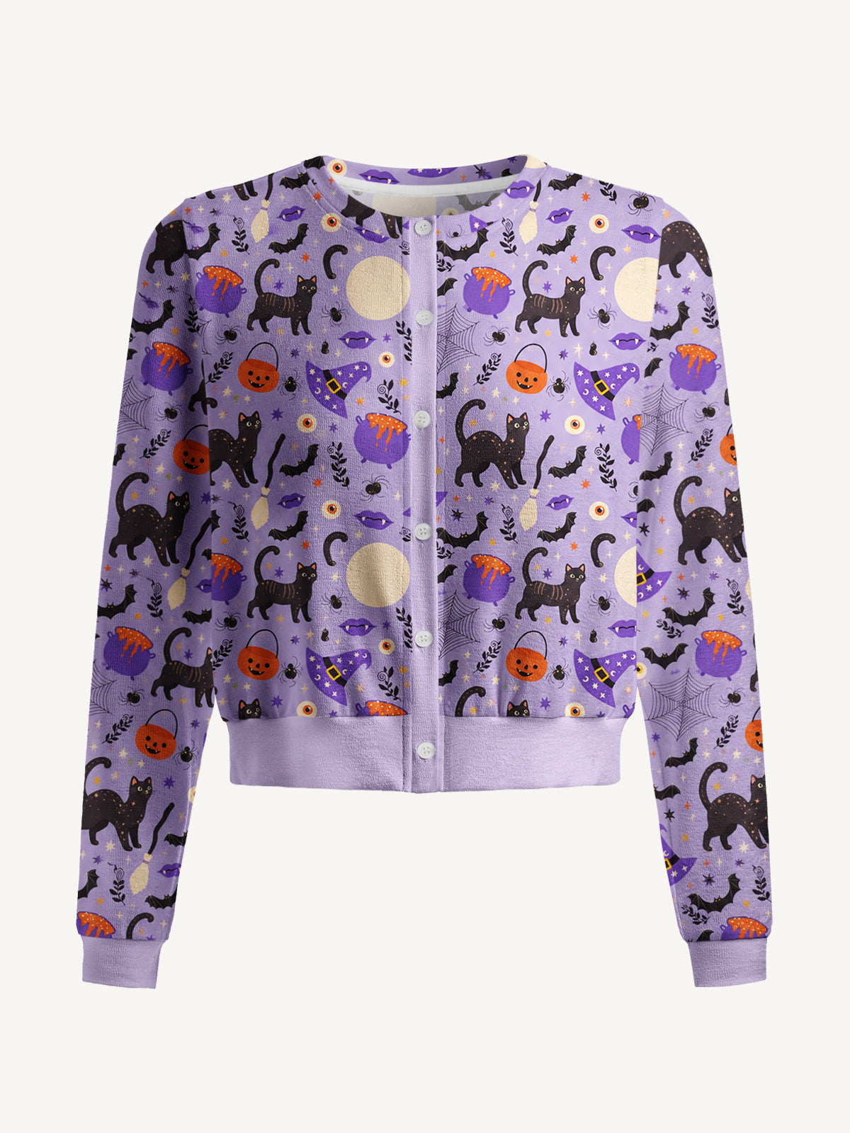 Lightweight Crew Neck Long‑Sleeve Cropped Moonlit Whiskers Print Fine‑Knit Cardigan