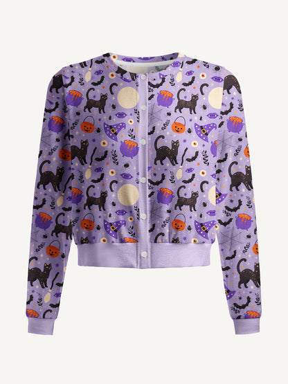 Lightweight Crew Neck Long‑Sleeve Cropped Moonlit Whiskers Print Fine‑Knit Cardigan