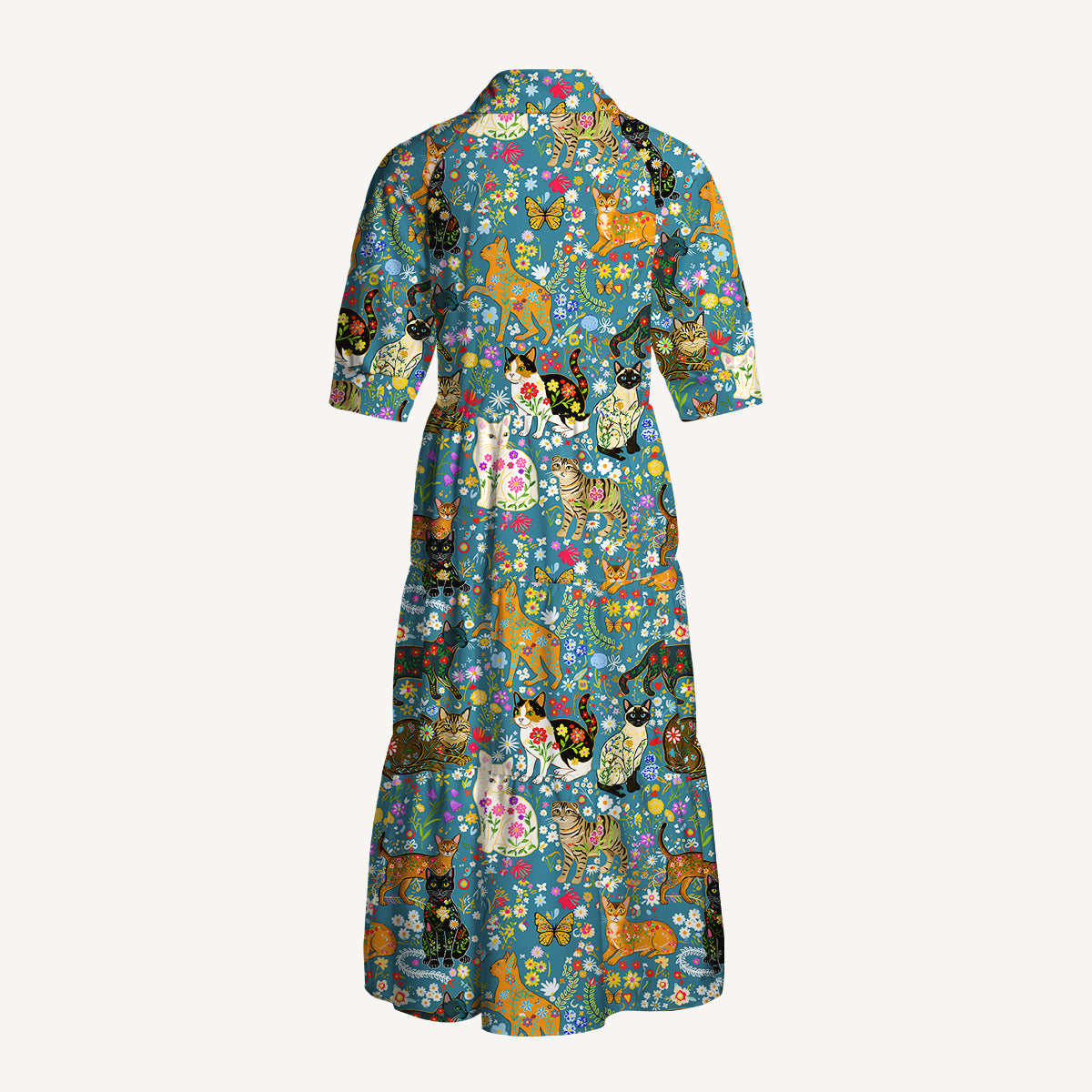 V Neck Collared Colorful Garden Cat Midi Dress For Women With Pockets