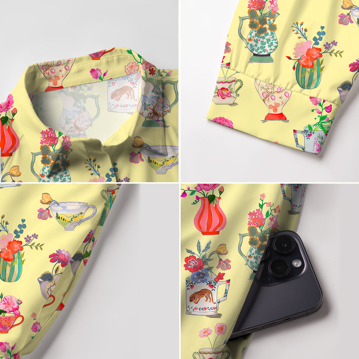 V Neck Collared Colorful Flower Vase Mini Dress For Women With Pockets