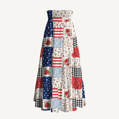 Flower Americana Patchwork Print Convertible Maxi Skirt & Strapless Dress
