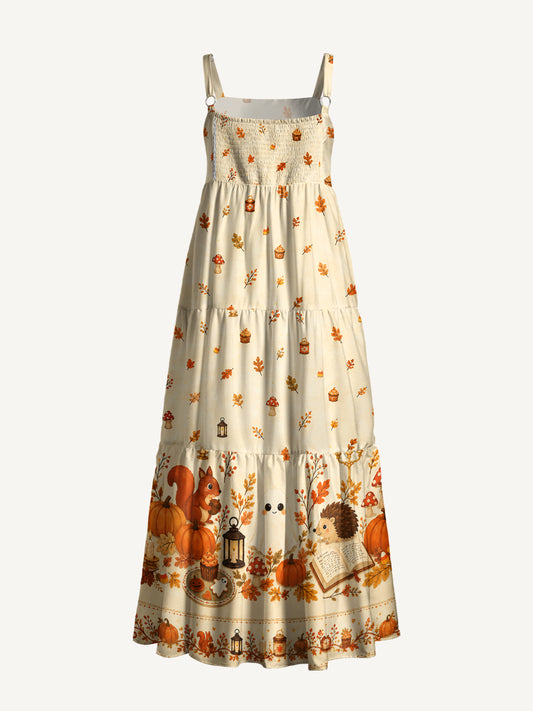Pumpkin Ghost Harvest Print Wide Straps Maxi Dress With Pockets